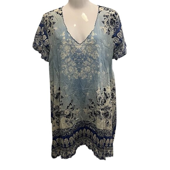 Johnny Was Floral Tunic Top Size L Blue V Neck Boho Chic Flowy Gypsy Bohemian - Picture 2 of 12